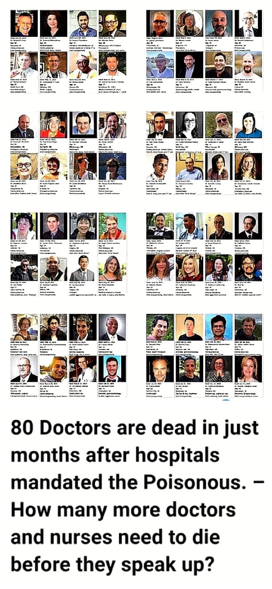 80 Doctors are dead in just months after hospitals mandated the Poisonous. – How many more doctors and nurses need to die before they speak up?